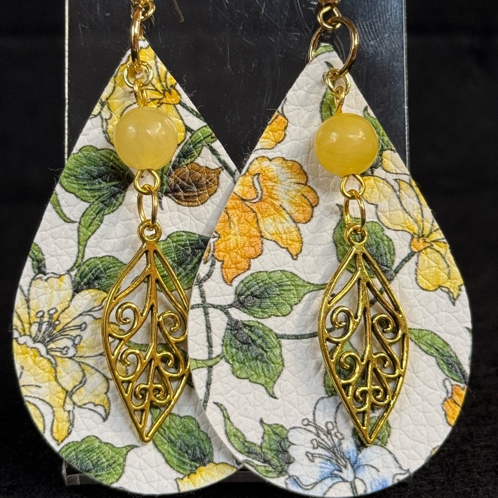 Floral Faux Leather Earrings with Gold Leaf Charms